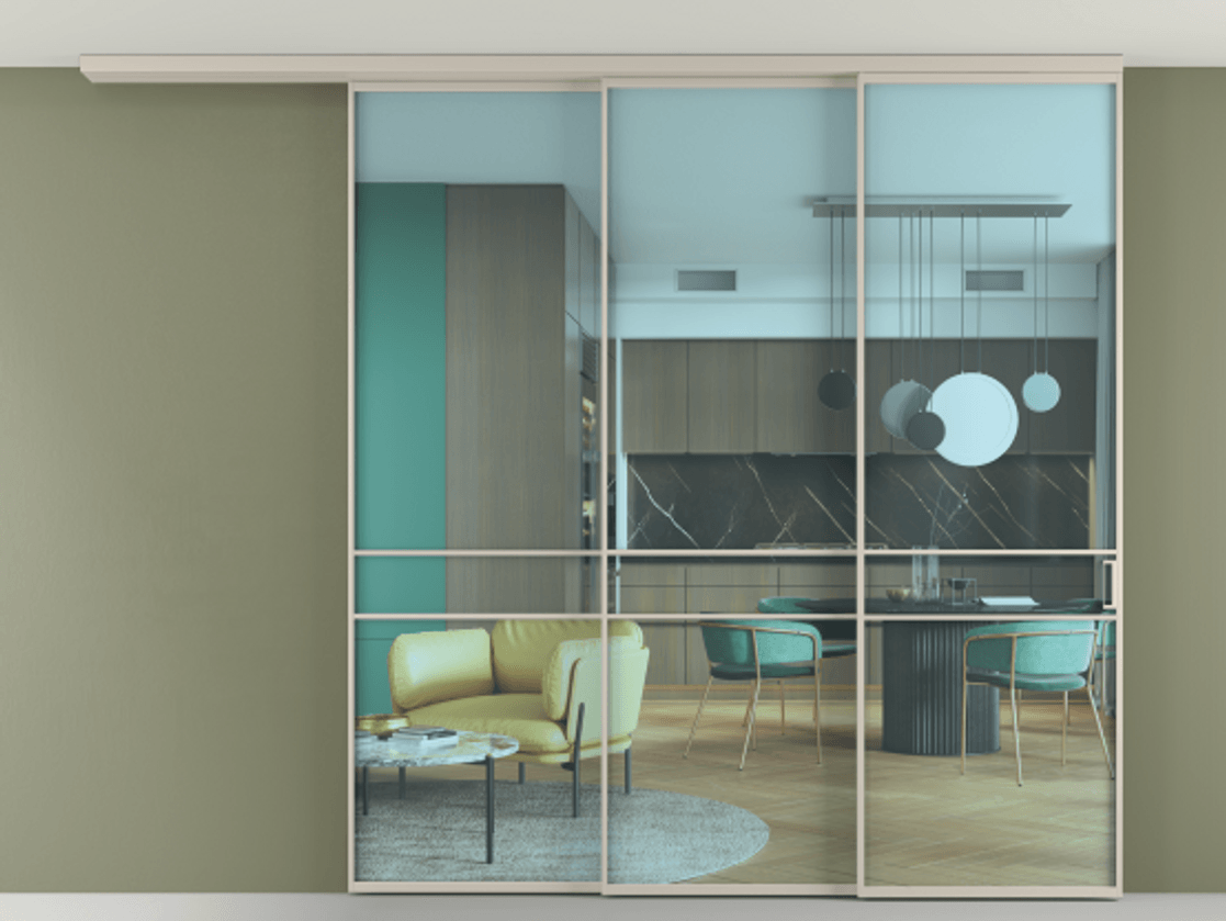 Перегородка Formato вдоль стены на потолок 3 створки с синхронным механизмом АЛПР 040.02 Алюминий светло-бежевый Прозрачное голубое стекло, триплекс Цена 2473300 ₸ | Volhovec