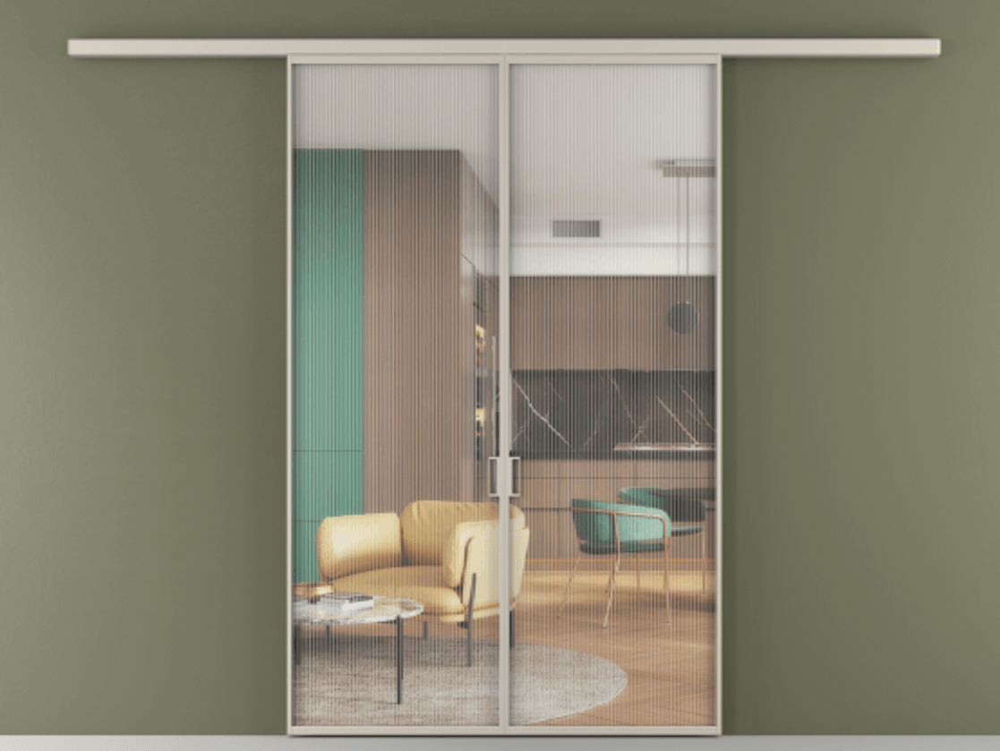 Перегородка Formato вдоль стены 2 створки АЛПР 040.01 Алюминий светло-бежевый Рифлёное стекло "Moru", триплекс Цена 1507086 ₸ | Volhovec