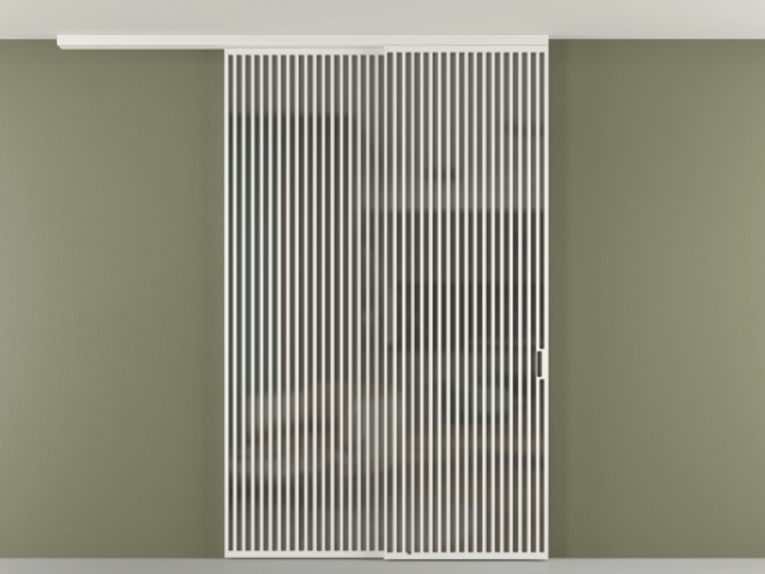 Перегородка Формато вдоль стены на потолок 2 створки с синхронным механизмом АЛПР 040.06 Алюминий светло-серый Сатинированное серое стекло, триплекс Цена 3981247 ₸ | Volhovec