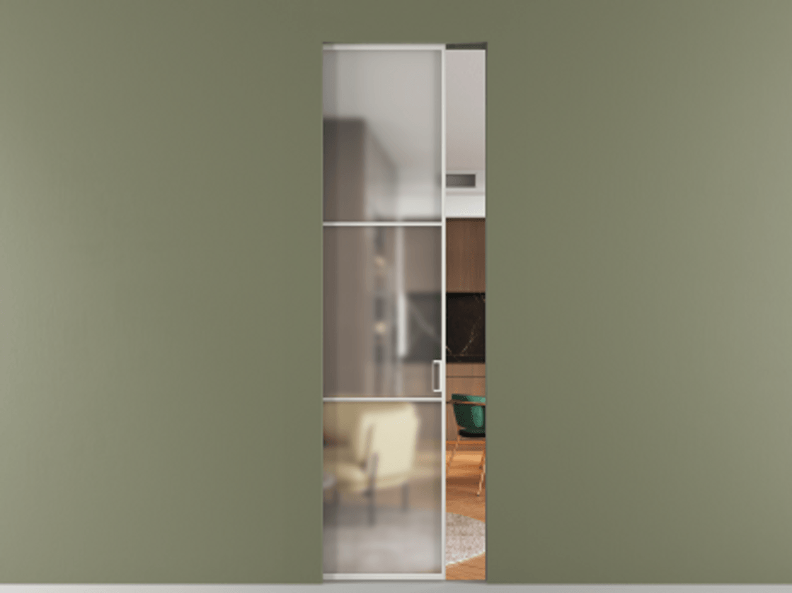 Перегородка Формато скрытый пенал 1 створка АЛПР 040.03 Алюминий серый Сатинированное стекло "Мателюкс Кристал Вижн", калёное, матовое, каленое 6 мм Цена 1223057 ₸ | Volhovec