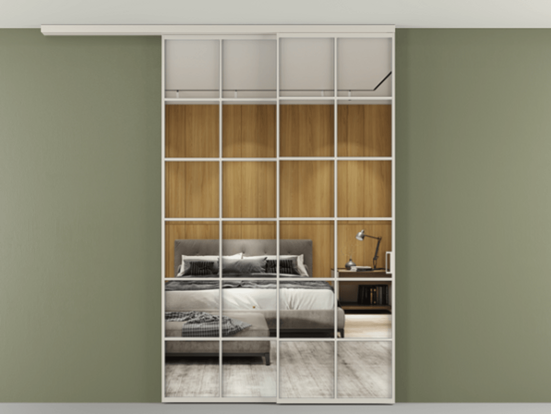 Перегородка Формато вдоль стены на потолок 2 створки с синхронным механизмом АЛПР 040.05 Алюминий облачно-серый Двустороннее зеркало, триплекс , триплекс 6 мм Цена 2205282 ₸ | Volhovec