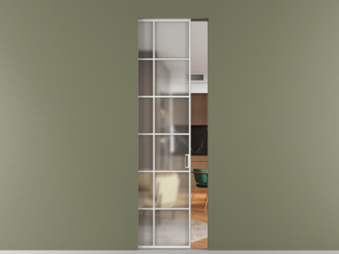 Перегородка Формато скрытый пенал 1 створка АЛПР 040.05 Алюминий белоснежный Сатинированное стекло "Мателюкс Кристал Вижн", калёное, матовое, каленое 6 мм Цена 1270231 ₸ | Volhovec