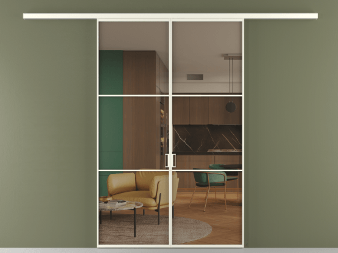 Перегородка Формато вдоль стены 2 створки АЛПР 040.03 Алюминий жемчужный Прозрачное бронзовое стекло, триплекс Цена 1477602 ₸ | Volhovec