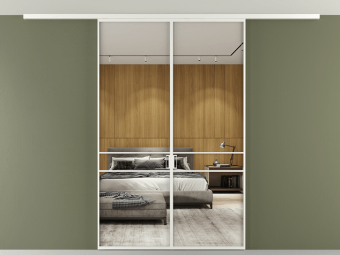 Перегородка Формато вдоль стены на потолок 2 створки АЛПР 040.02 Алюминий светло-серый Двустороннее зеркало, триплекс , триплекс 6 мм Цена 1410809 ₸ | Volhovec