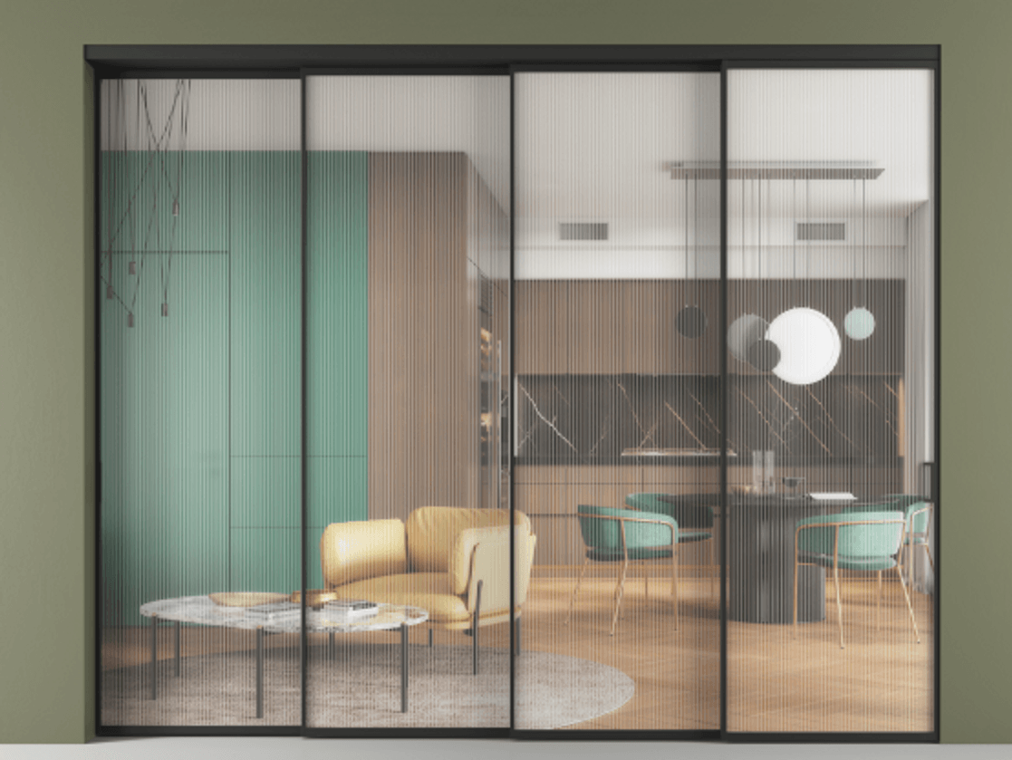 Перегородка Формато внутри проёма 4 створки с синхронным механизмом АЛПР 040.01 Алюминий Черный Рифлёное стекло "Мору", триплекс Цена 3410014 ₸ | Volhovec