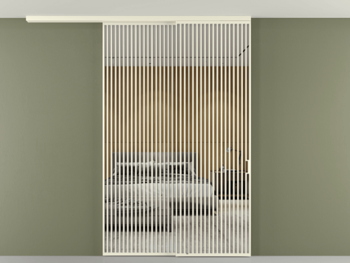 Перегородка Формато вдоль стены на потолок 2 створки с синхронным механизмом АЛПР 040.06 Алюминий молочно-белый Двустороннее зеркало, триплекс , триплекс 6 мм Цена 3405447 ₸ | Volhovec