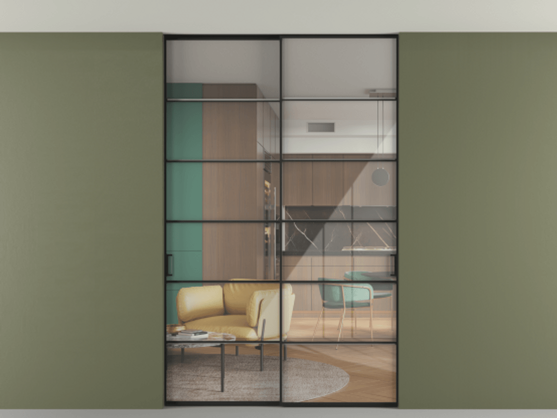 Перегородка Formato внутри проёма скрытое крепление в потолок 2 створки АЛПР 040.04 Алюминий Черный Рефлективное прозрачное стекло "Stopsol", калёное Цена 2372933 ₸ | Volhovec