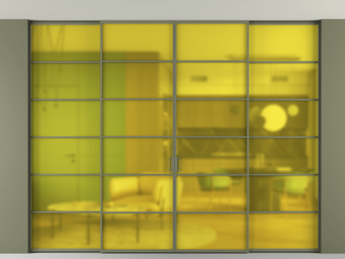 Перегородка Formato внутри проёма скрытое крепление в потолок 4 створки АЛПР 040.04 Алюминий оливковый тёмный Сатинированное жёлтое стекло, триплекс Цена 3525001 ₸ | Volhovec