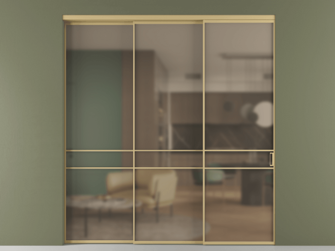 Перегородка Формато внутри проёма 3 створки с синхронным механизмом АЛПР 040.02 Золотой Сатинированное бронзовое стекло, триплекс Цена 1845245 ₸  | Volhovec