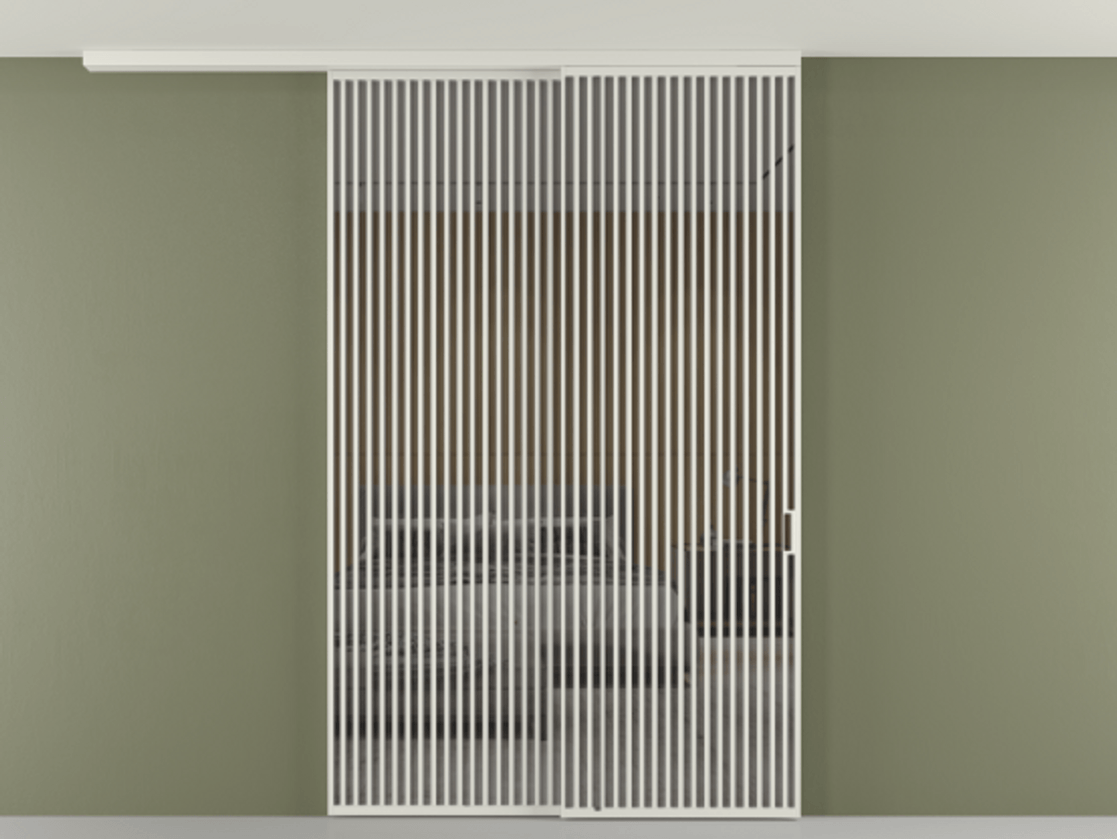 Перегородка Формато вдоль стены на потолок 2 створки с синхронным механизмом АЛПР 040.06 Алюминий серый Рефлективное серое стекло "Стопсол", калёное Цена 3502215 ₸ | Volhovec