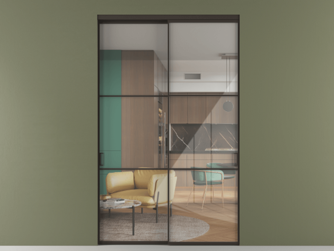 Перегородка Формато внутри проёма 2 створки АЛПР 040.03 Алюминий антрацит Рефлективное прозрачное стекло "Стопсол", калёное Цена 3615948 ₸  | Volhovec