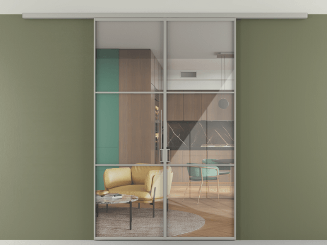 Перегородка Формато вдоль стены на потолок 2 створки АЛПР 040.03 Алюминий нейтральный серый Рефлективное прозрачное стекло "Стопсол", калёное Цена 1570031 ₸ | Volhovec