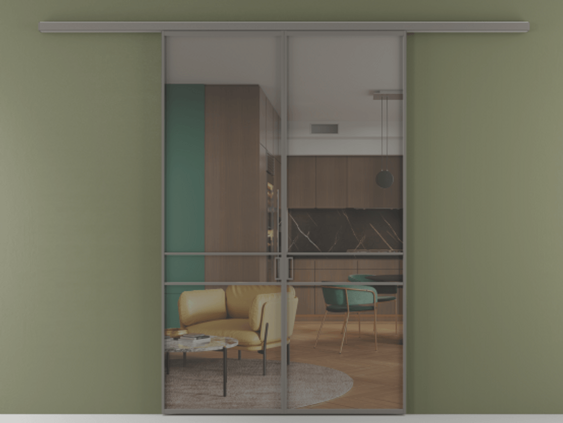 Перегородка Формато вдоль стены 2 створки АЛПР 040.02 Алюминий классический серый Прозрачное серое стекло, триплекс Цена 1477602 ₸ | Volhovec