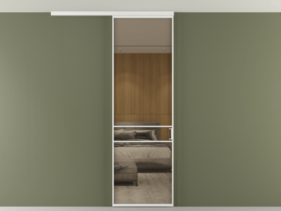 Перегородка Формато вдоль стены на потолок 1 створка АЛПР 040.02 Алюминий белоснежный Рефлективное бронзовое стекло "Стопсол", калёное Цена 948856 ₸ | Volhovec