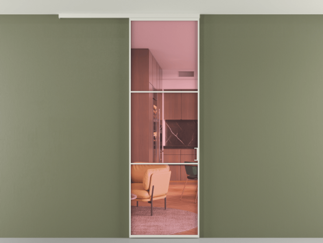 Перегородка Formato вдоль стены на потолок 1 створка АЛПР 040.03 Алюминий Белый Прозрачное розовое стекло, триплекс Цена 606000 ₸ | Volhovec