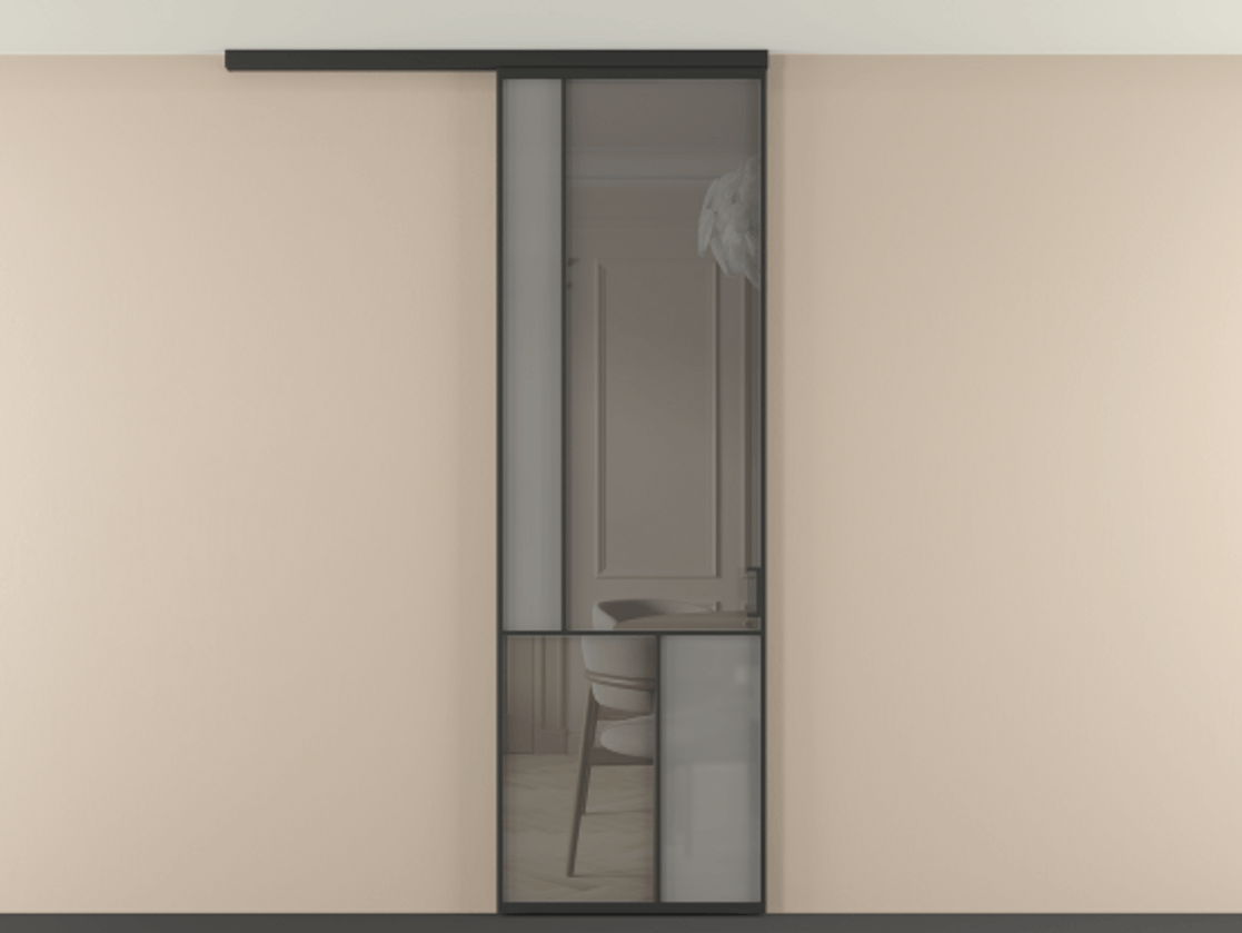 Перегородка Мозаик вдоль стены на потолок 1 створка АЛПР 041.20 Алюминий Черный Сатинированное серое стекло, триплекс, 6 мм + Прозрачное серое стекло, триплекс Цена 979474 ₸ | Volhovec