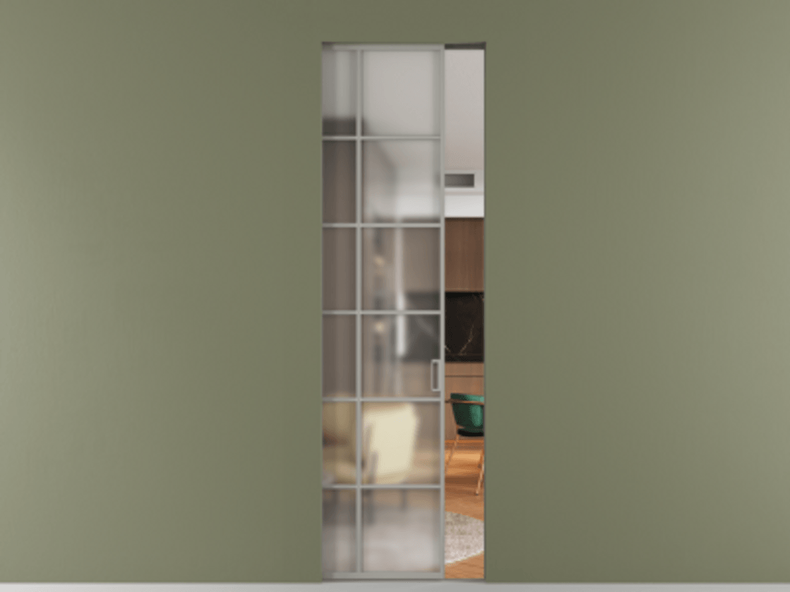 Перегородка Формато скрытый пенал 1 створка АЛПР 040.05 Алюминий нейтральный серый Сатинированное стекло "Мателюкс Кристал Вижн", калёное, матовое, каленое 6 мм Цена 1270231 ₸ | Volhovec