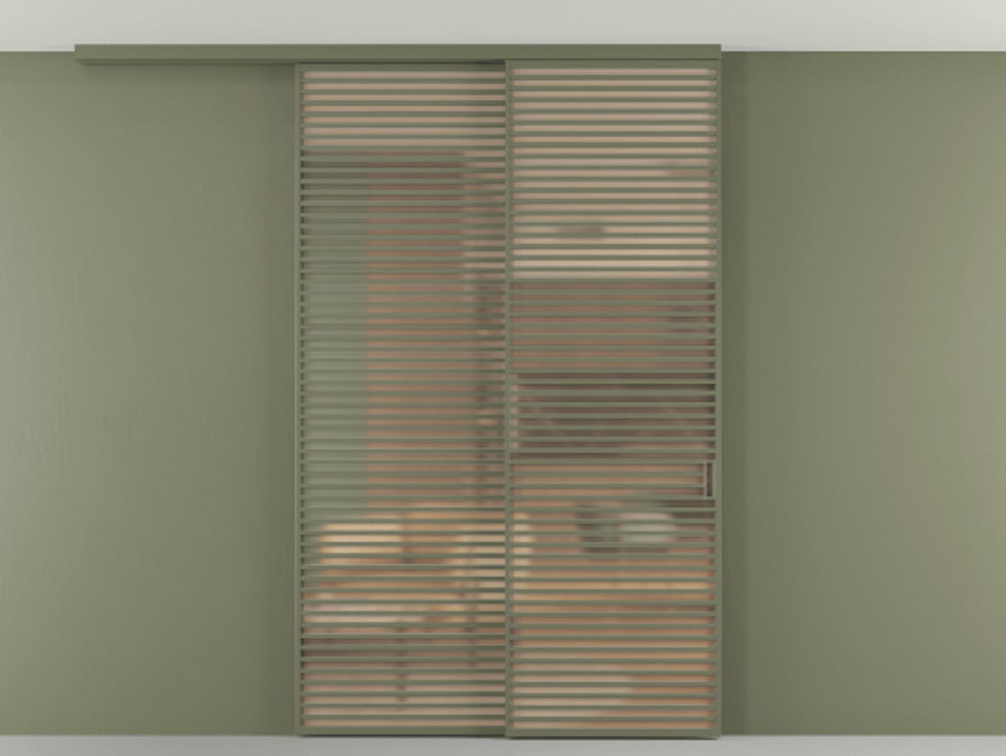 Перегородка Формато вдоль стены на потолок 2 створки с синхронным механизмом АЛПР 040.07 Алюминий оливковый тёмный Сатинированное оранжевое стекло, триплекс Цена 3405447 ₸ | Volhovec