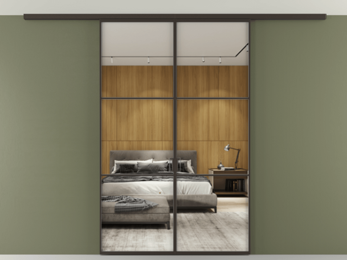 Перегородка Формато вдоль стены на потолок 2 створки АЛПР 040.03 Алюминий антрацит Двустороннее зеркало, триплекс , триплекс 6 мм Цена 1473263 ₸ | Volhovec