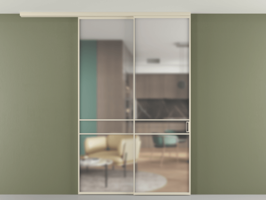 Перегородка Формато вдоль стены на потолок 2 створки с синхронным механизмом АЛПР 040.02 Алюминий бежево-серый Сатинированное стекло "Мателюкс Кристал Вижн", калёное, матовое, каленое 6 мм Цена 2198267 ₸ | Volhovec