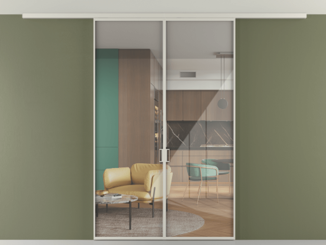 Перегородка Формато вдоль стены на потолок 2 створки АЛПР 040.01 Алюминий тёплый серый Рефлективное прозрачное стекло "Стопсол", калёное Цена 1498180 ₸ | Volhovec