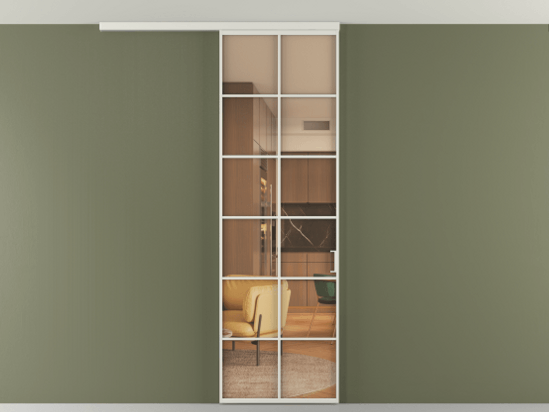 Перегородка Formato вдоль стены на потолок 1 створка АЛПР 040.05 Алюминий серый Прозрачное оранжевое стекло, триплекс Цена 673000 ₸ | Volhovec