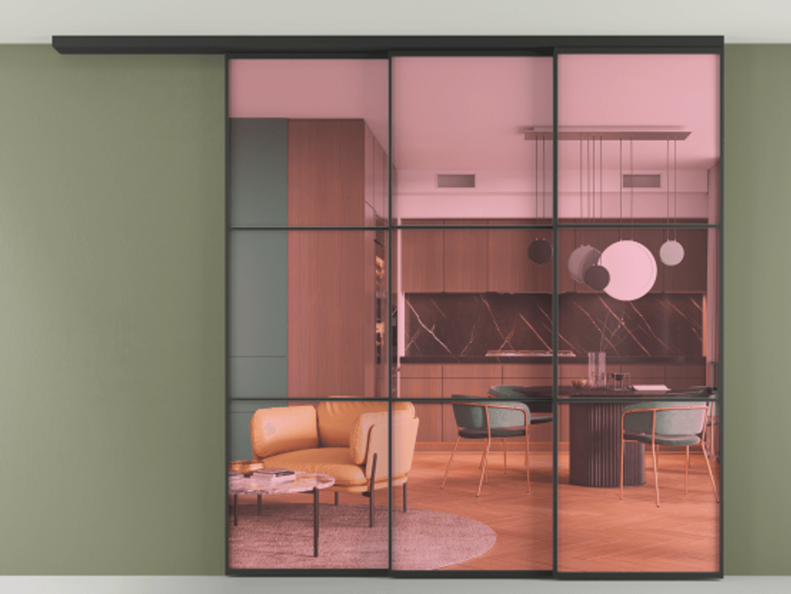 Перегородка Formato вдоль стены на потолок 3 створки с синхронным механизмом АЛПР 040.03 Алюминий Черный Прозрачное розовое стекло, триплекс Цена 2354700 ₸ | Volhovec