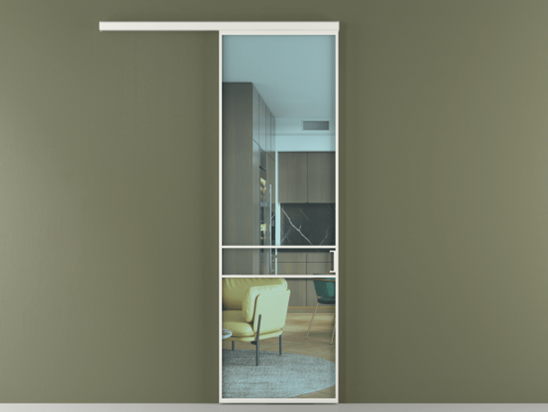 Перегородка Формато вдоль стены 1 створка АЛПР 040.02 Алюминий светло-серый Прозрачное голубое стекло, триплекс Цена 801965 ₸  | Volhovec