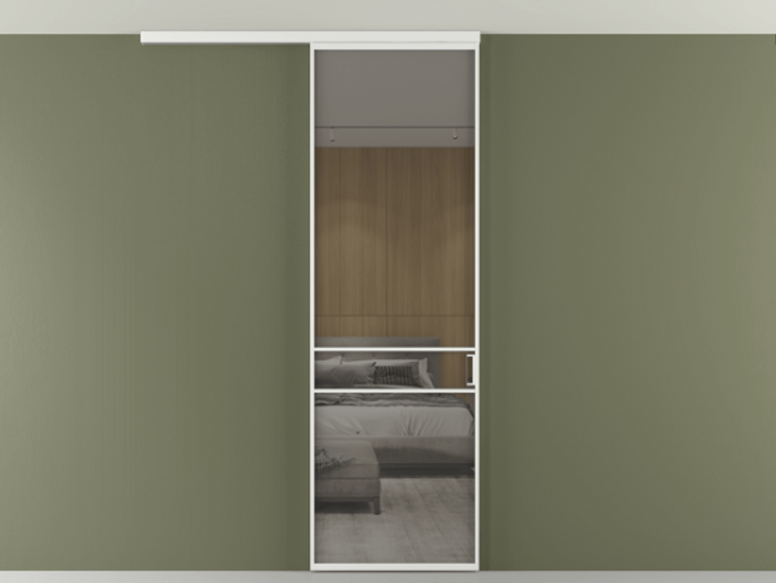 Перегородка Формато вдоль стены на потолок 1 створка АЛПР 040.02 Алюминий белоснежный Рефлективное серое стекло "Стопсол", калёное Цена 948856 ₸ | Volhovec