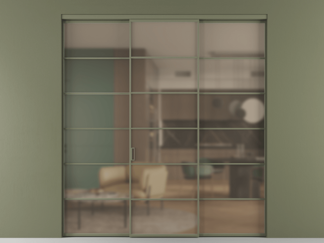 Перегородка Формато внутри проёма 3 створки АЛПР 040.04 Алюминий оливковый тёмный Сатинированное бронзовое стекло, триплекс Цена 1926477 ₸ | Volhovec