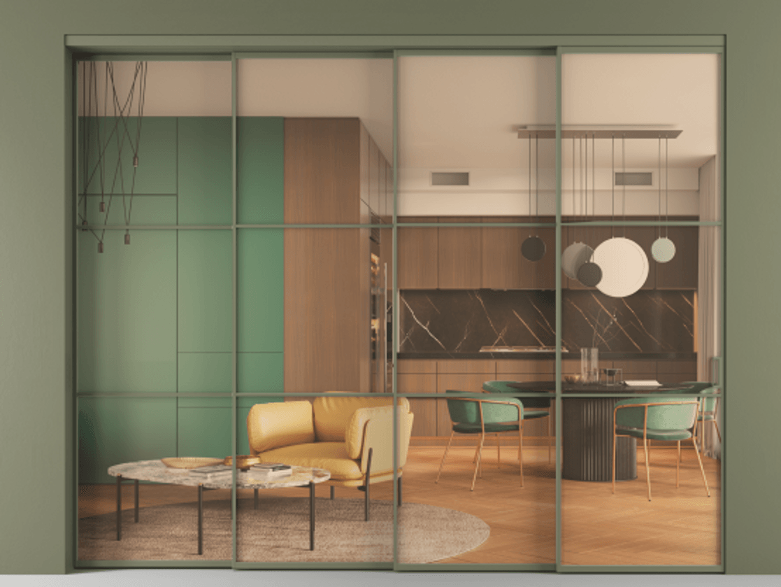 Перегородка Формато внутри проёма 4 створки с синхронным механизмом АЛПР 040.03 Алюминий оливковый тёмный Прозрачное оранжевое стекло, триплекс Цена 3505723 ₸ | Volhovec