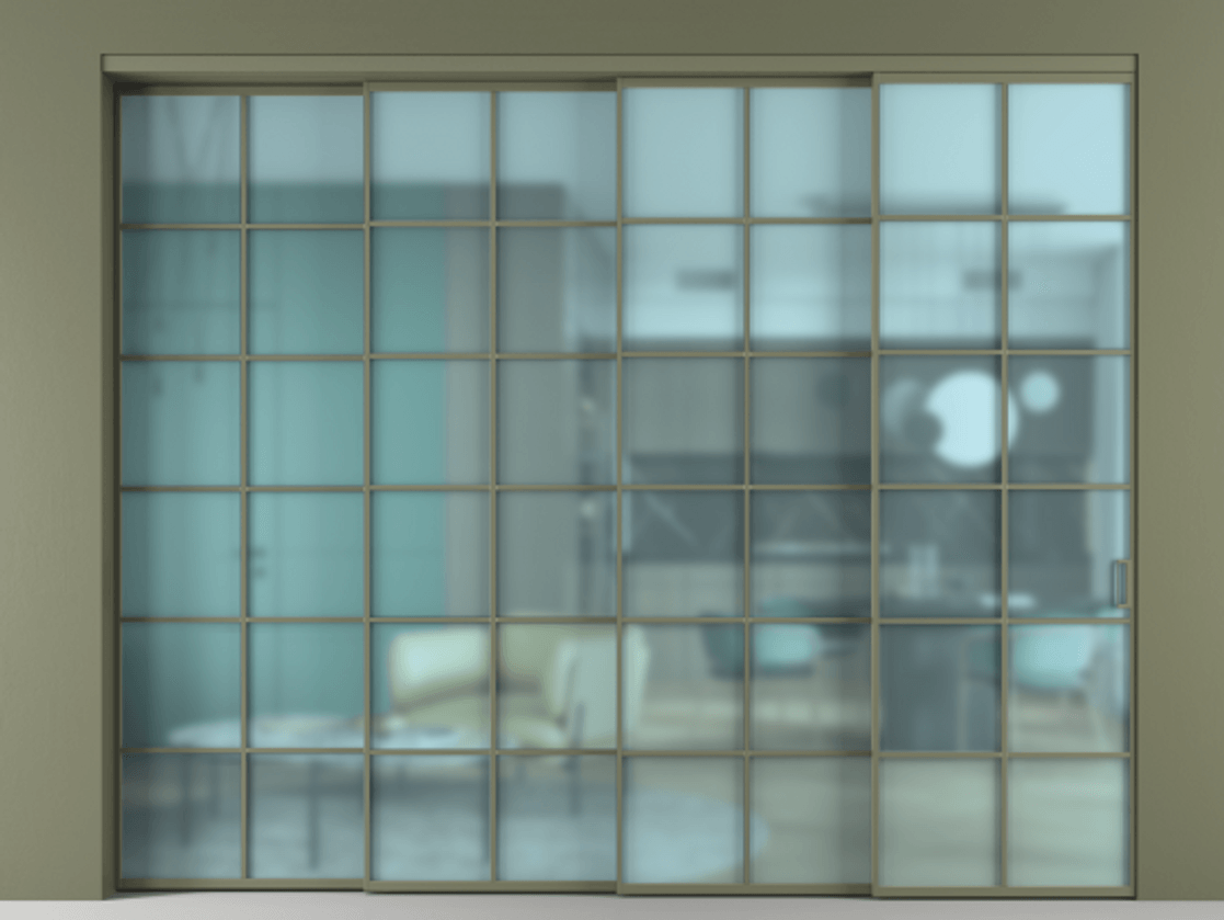 Перегородка Formato внутри проёма 4 створки с синхронным механизмом АЛПР 040.05 Алюминий оливковый тёмный Сатинированное голубое стекло, триплекс Цена 3049400 ₸ | Volhovec