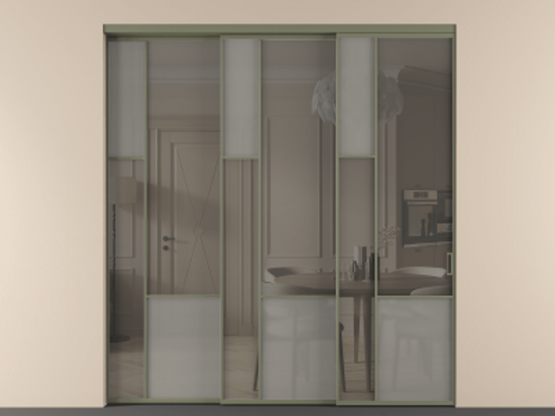 Перегородка Мозаик внутри проёма 3 створки с синхронным механизмом АЛПР 041.13 Алюминий оливковый тёмный Сатинированное серое стекло, триплекс, 6 мм + Прозрачное серое стекло, триплекс Цена 3306668 ₸ | Volhovec