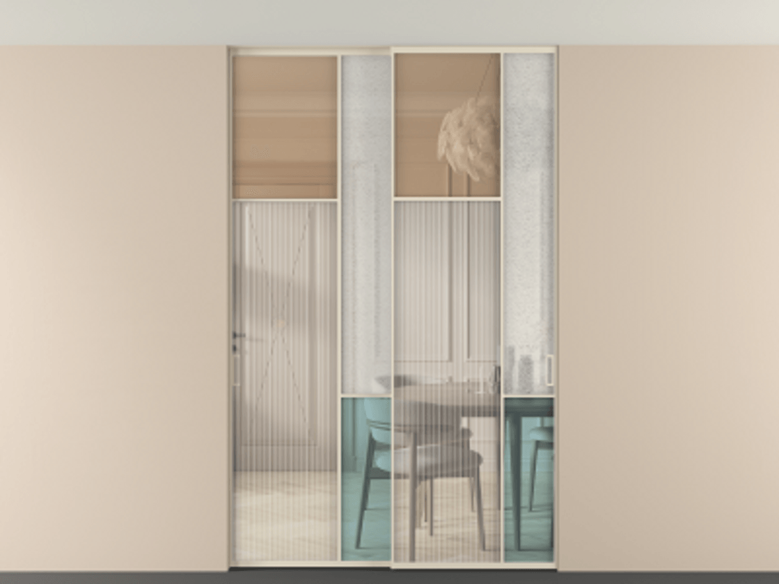 Перегородка Mosaic внутри проёма двустворчатая со скрытым креплением в потолок АЛПР 041.10 Алюминий бежево-серый Комбинация стекол Группы 1 и Группы 3 Цена 1954500 ₸ | Volhovec