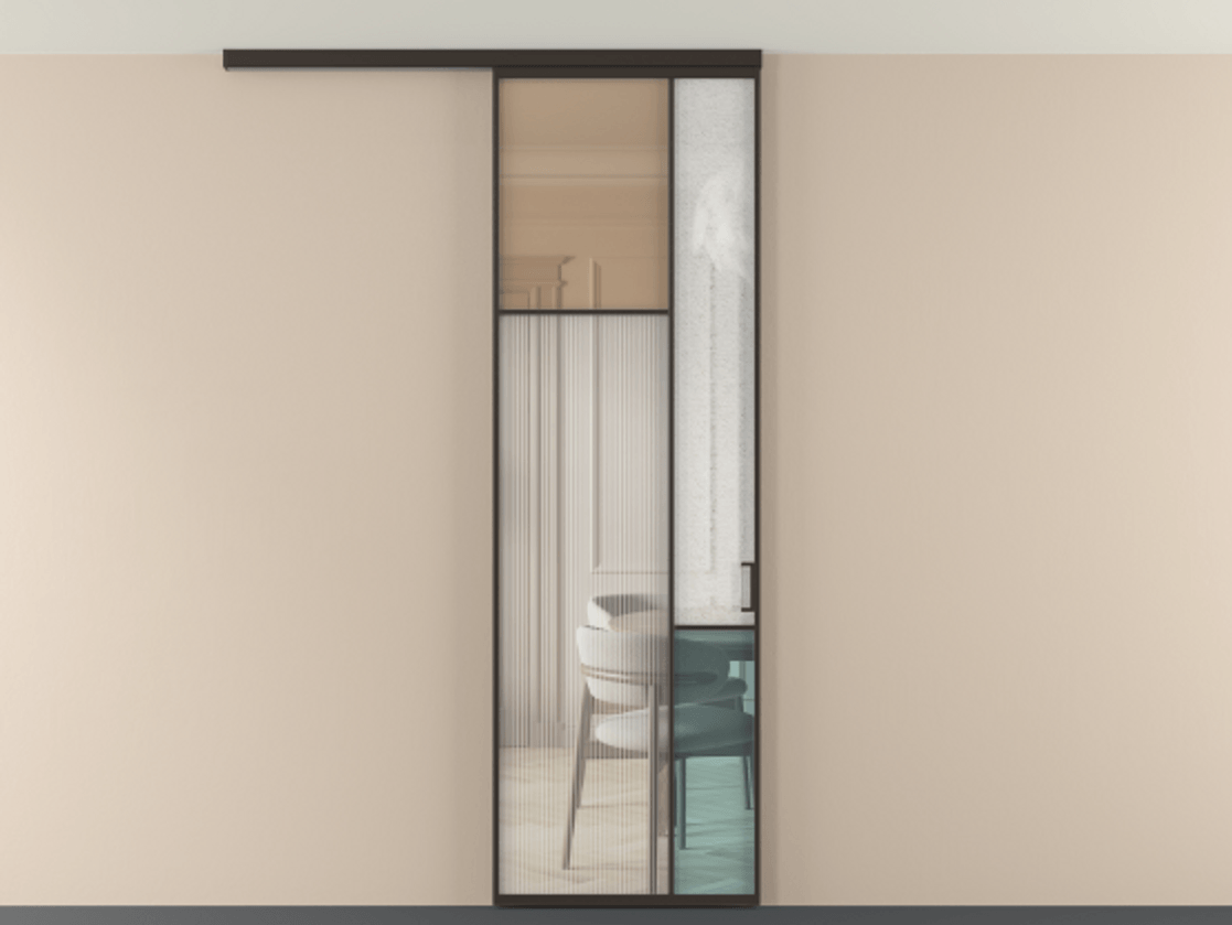 Перегородка Мозаик вдоль стены на потолок 1 створка АЛПР 041.10 Алюминий антрацит Комбинация стекол Группы 1 и Группы 3 Цена 1066262 ₸ | Volhovec