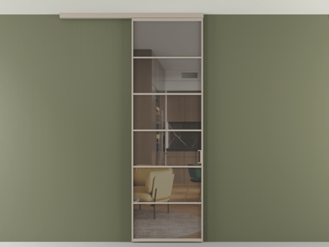 Перегородка Формато вдоль стены на потолок 1 створка АЛПР 040.04 Алюминий бисквитный Прозрачное серое стекло, триплекс Цена 815361 ₸ | Volhovec