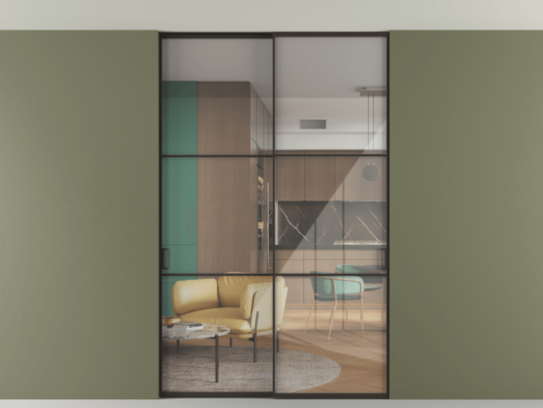 Перегородка Formato внутри проёма скрытое крепление в потолок 2 створки АЛПР 040.03 Алюминий антрацит Рефлективное прозрачное стекло "Stopsol", калёное Цена 2309731 ₸ | Volhovec