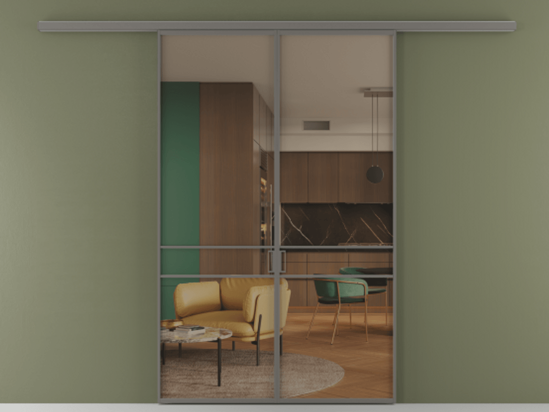 Перегородка Формато вдоль стены 2 створки АЛПР 040.02 Алюминий классический серый Прозрачное бронзовое стекло, триплекс Цена 1477602 ₸ | Volhovec