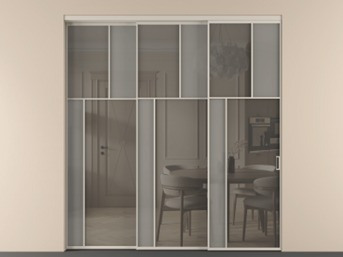 Перегородка Mosaic внутри проёма 3 створки с синхронным механизмом АЛПР 041.22 Алюминий светло-бежевый Сатинированное серое стекло, триплекс, 6 мм + Прозрачное серое стекло, триплекс. Цена 3306668 ₸ . Фабрика дверей Волховец 8 (800) 551 43 19 Перегородка Mosaic внутри проёма 3 створки с синхронным механизмом АЛПР 041.22 Алюминий светло-бежевый Сатинированное серое стекло, триплекс, 6 мм + Прозрачное серое стекло, триплекс Цена 3306668 ₸ | Volhovec