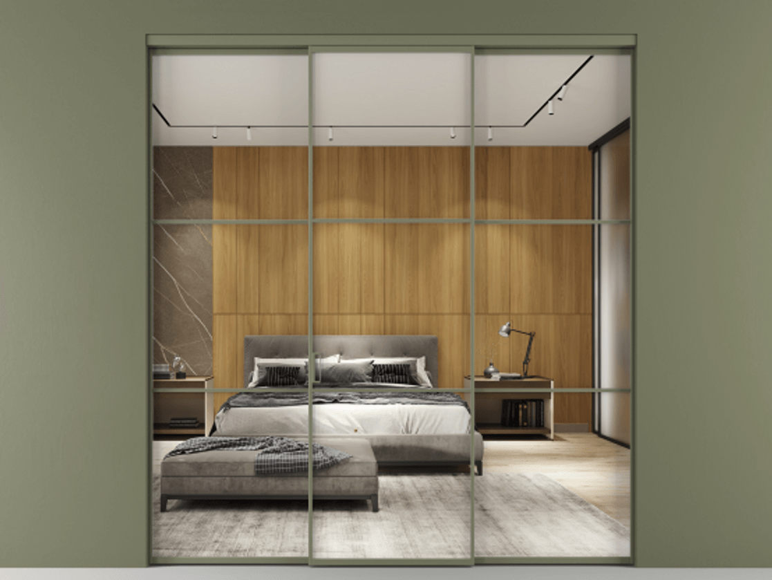 Перегородка Формато внутри проёма 3 створки АЛПР 040.03 Алюминий оливковый тёмный Двустороннее зеркало, триплекс , триплекс 6 мм Цена 1793799 ₸ | Volhovec