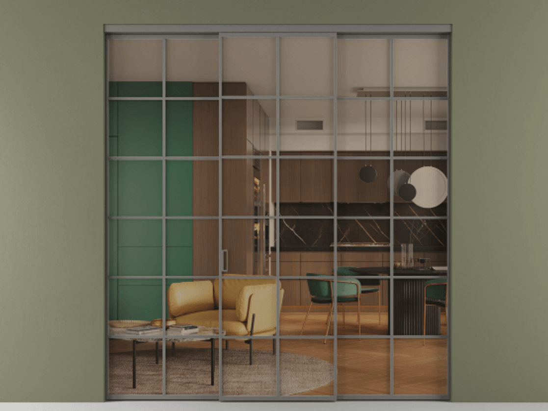 Перегородка Formato внутри проёма 3 створки АЛПР 040.05 Алюминий классический серый Прозрачное бронзовое стекло, триплекс Цена 1667700 ₸ | Volhovec