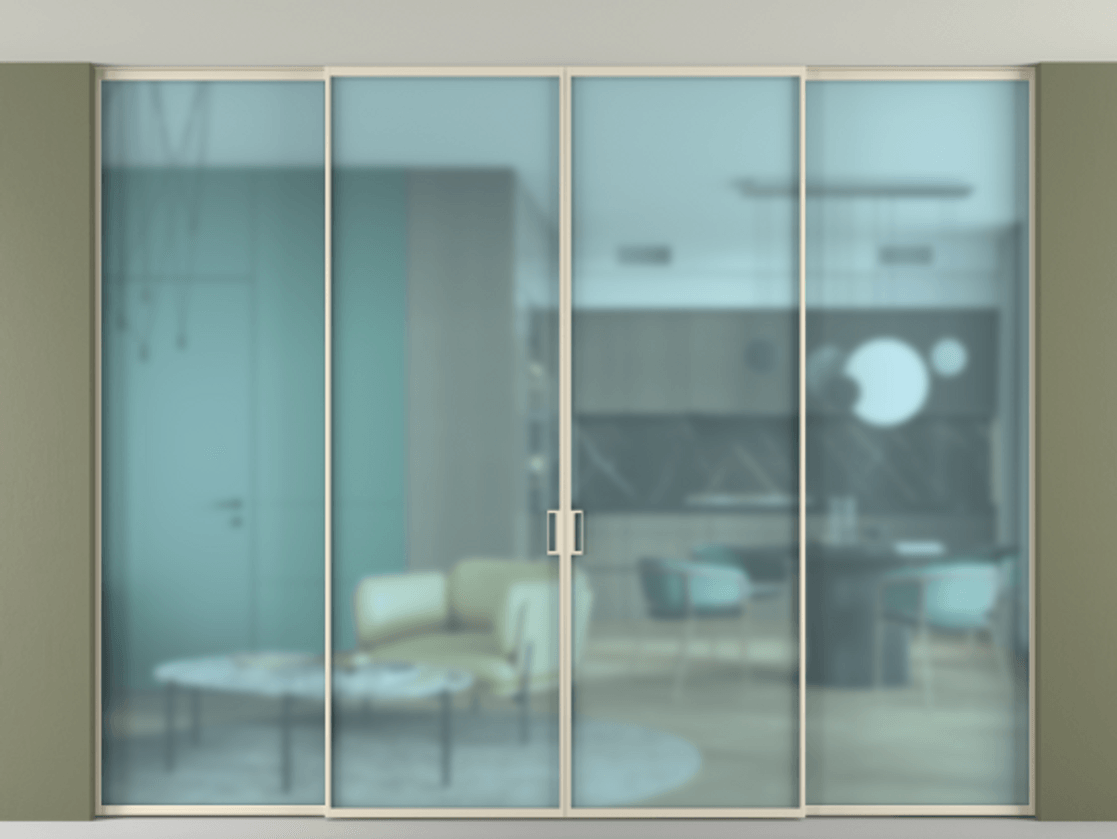 Межкомнатная дверь New Перегородка Formato внутри проёма четырёхстворчатая АЛПР 040.01 Алюминий бежево-серый Сатинированное голубое стекло, триплекс Цена 3006300  | Volhovec