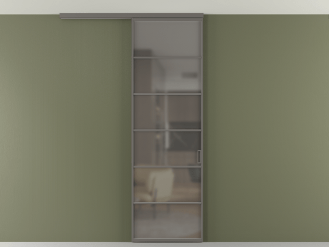 Перегородка Формато вдоль стены на потолок 1 створка АЛПР 040.04 Алюминий классический серый Сатинированное серое стекло, триплекс Цена 815361 ₸ | Volhovec