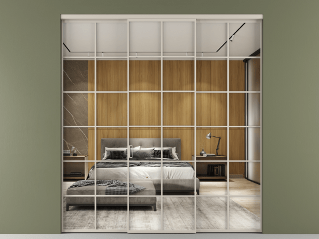 Перегородка Formato внутри проёма 3 створки АЛПР 040.05 Алюминий светло-бежевый Двустороннее зеркало, триплекс , триплекс 6 мм Цена 1667700 ₸ | Volhovec