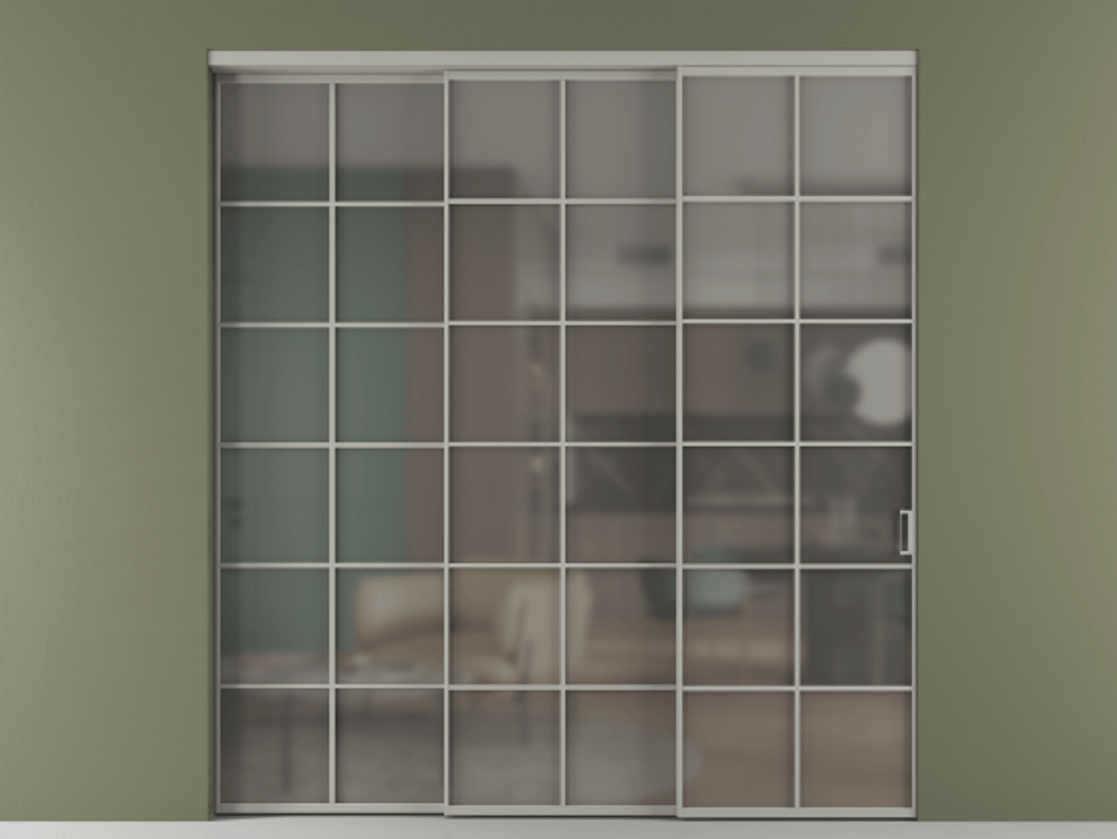 Перегородка Formato внутри проёма 3 створки с синхронным механизмом АЛПР 040.05 Алюминий нейтральный серый Сатинированное серое стекло, триплекс Цена 2266740 ₸  | Volhovec