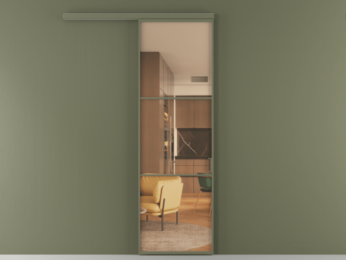 Перегородка Формато вдоль стены 1 створка АЛПР 040.03 Алюминий оливковый тёмный Прозрачное оранжевое стекло, триплекс Цена 801965 ₸  | Volhovec