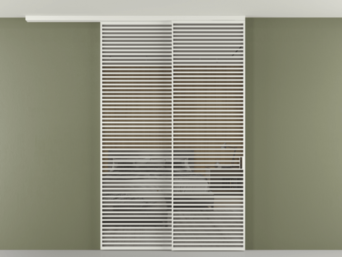 Перегородка Формато вдоль стены на потолок 2 створки с синхронным механизмом АЛПР 040.07 Алюминий светло-серый Рефлективное серое стекло "Стопсол", калёное Цена 4102207 ₸ | Volhovec