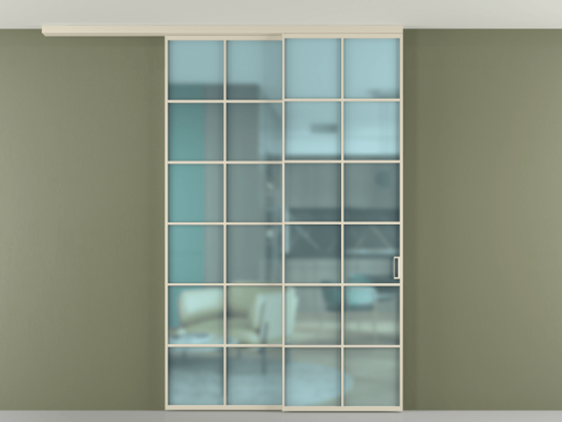 Перегородка Formato вдоль стены на потолок 2 створки с синхронным механизмом АЛПР 040.05 Алюминий бежево-серый Сатинированное голубое стекло, триплекс Цена 2047800 ₸ | Volhovec