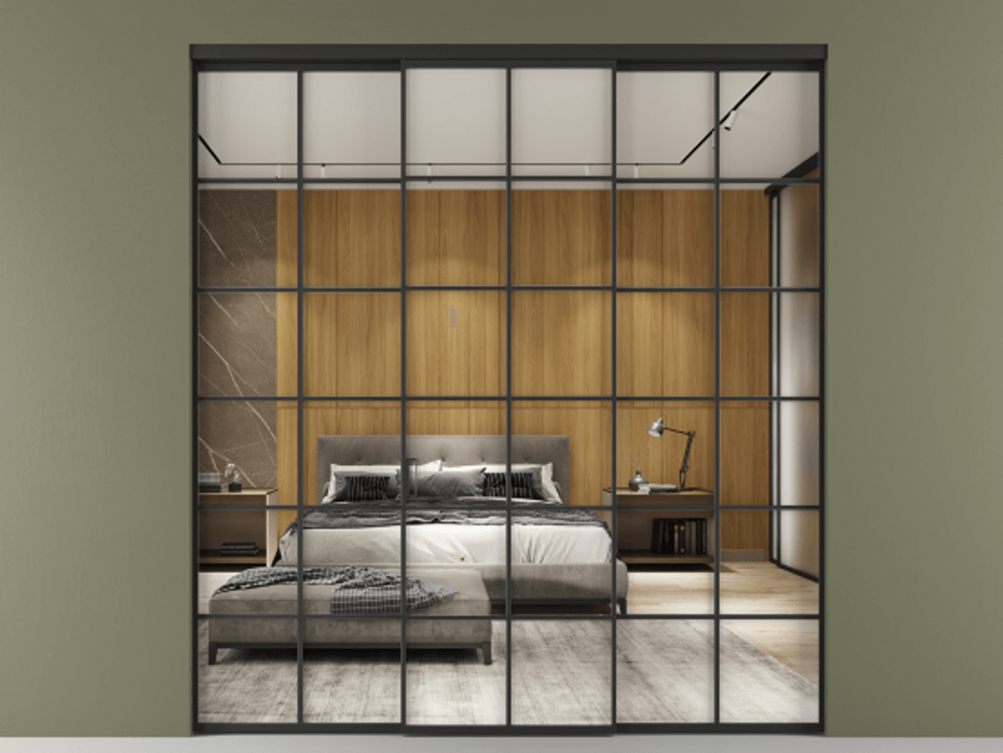 Перегородка Formato внутри проёма 3 створки АЛПР 040.05 Алюминий Черный Двустороннее зеркало, триплекс , триплекс 6 мм Цена 1600310 ₸ | Volhovec