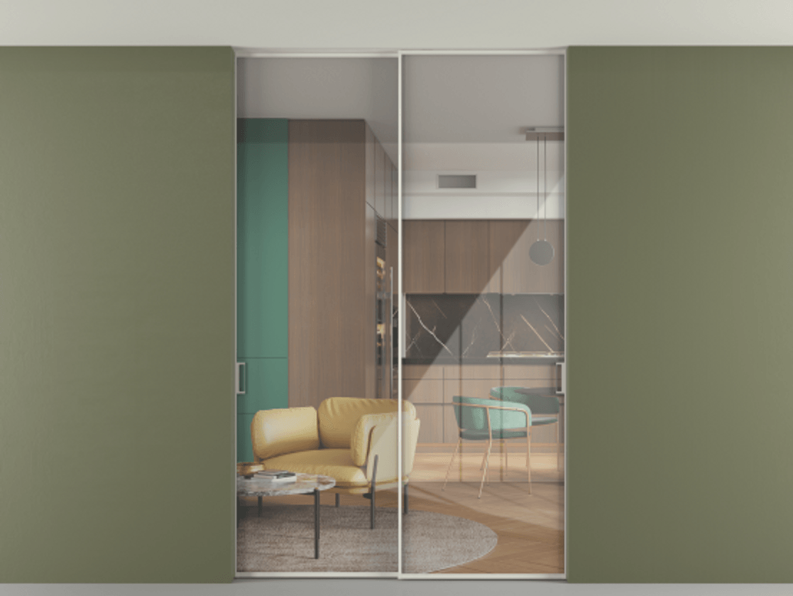 Перегородка Формато внутри проёма скрытое крепление в потолок 2 створки АЛПР 040.01 Алюминий Белый Рефлективное прозрачное стекло "Стопсол", калёное Цена 2163370 ₸ | Volhovec